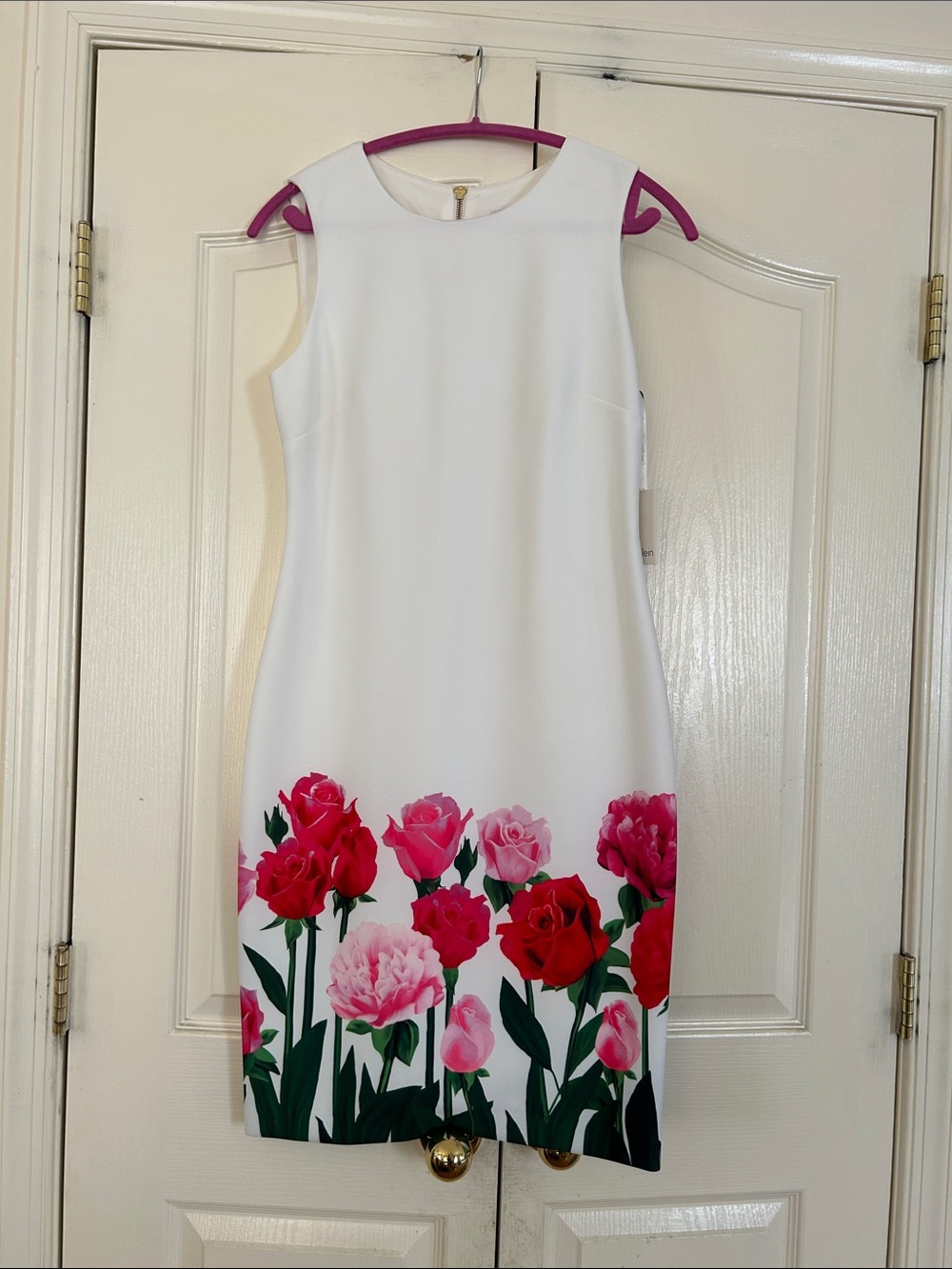 Calvin Klein White Sheath Dress with Pink & Red Floral Border